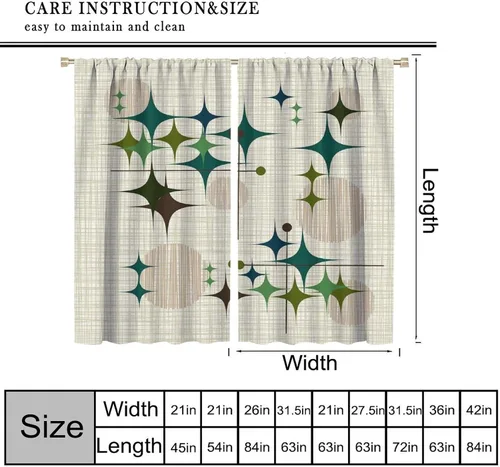 Vista 2 de Cortina de Ventana de Mediados de Siglo con Explosiones de Estrellas, Cortinas con Estampado de Inspiración Atómica para Sala de Estar Dormitorio