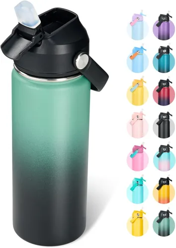 Vista 13 de Fijinhom Botella de agua aislada de acero inoxidable de 18 oz, de boca ancha, de doble pared, con vacío, con pajita de silicona, a prueba de sudor