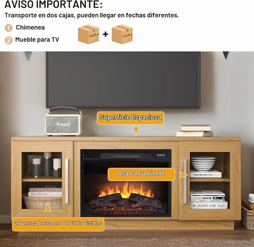 Vista 6 de Cheerway Soporte de TV con chimenea 3D para televisores de hasta 65 pulgadas, mesa de centro de entretenimiento multimedia de madera y gabinetes