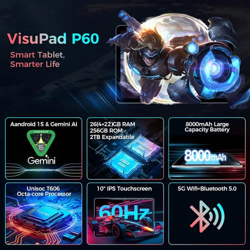 Vista 2 de Tableta con teclado, tableta Android 15 2026 con 26GB+256GB+2TB Expand, Tablet PC de 10 pulgadas con 8 núcleos, Gemini AI, WiFi 5G, 8000mAh, BT5.0
