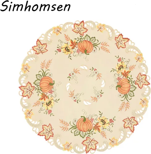 Vista 2 de Simhomsen Manteles Decorativos Pequeños Bordados de Otoño y Cosecha con Calabazas para Acción de Gracias (Redondo 34 pulgadas)