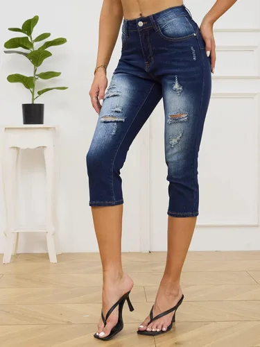 Vista 2 de BWQ Jeans capri rasgados para mujer, pantalones capri ajustados y elásticos