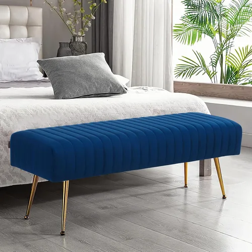 Vista 16 de Furniliving Banco de 44 Pulgadas para Dormitorio, Bancos Otomanos Tapizados con Tela Rayada y Tufting con Patas de Metal en Forma de X para Sala