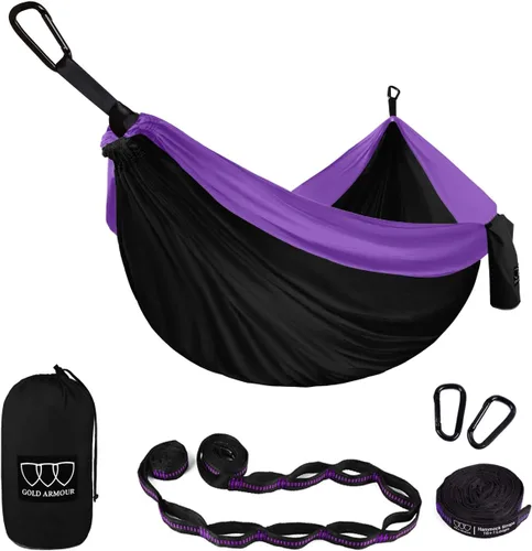 Vista 18 de Gold Armour Hamaca de camping – Hamaca doble XL, hamaca portátil, accesorios de camping, equipo para exteriores e interiores con correas de árbol