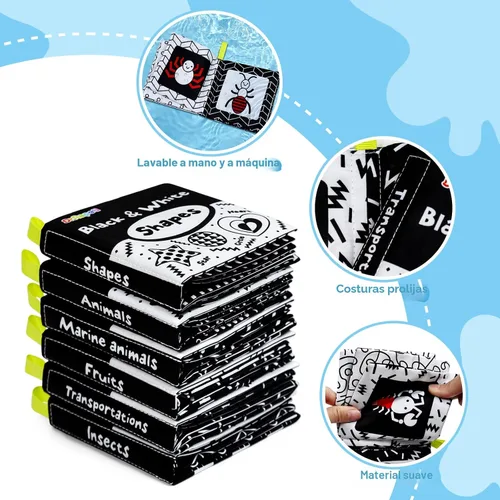 Vista 5 de Dr.Rapeti Libros de tela suave para bebés, libros de baño, paquete de 6 para bebés, niños pequeños, de alto contraste, blanco y negro, arrugado