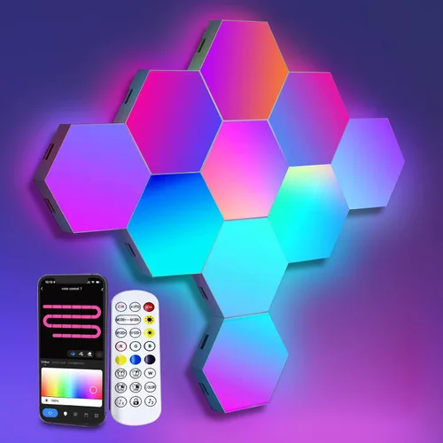 Vista 12 de Paneles de luz hexagonales de expansión, 4 paneles LED, luces LED hexagonales de pared, efectos de color de sueño, luces inteligentes