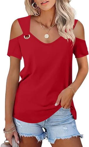 Vista 9 de Minetom - Camisetas básicas de verano para mujer, de manga corta, con hombros descubiertos y cuello en V