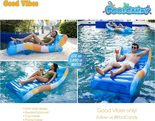 Vista 9 de PoolCandy Tumbona flotante Good Vibes. El último flotador inflable 2 en 1 lujoso y duradero; es una silla lounge en tierra o en agua.
