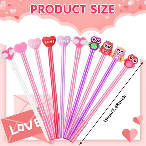 Vista 2 de SANNIX 50 bolígrafos para el día de San Valentín, a granel, diseño de búho, corazones y búhos, bolígrafos de tinta de gel negra para fiesta de San