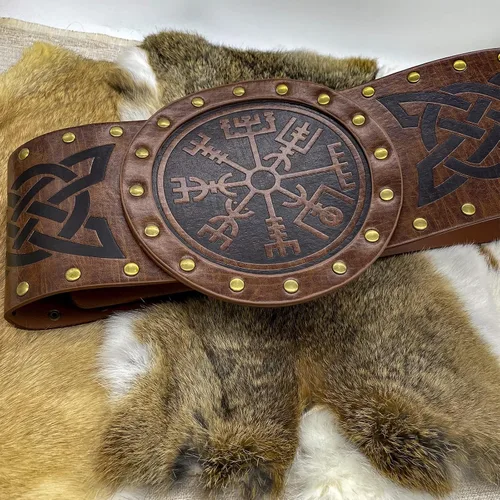 Vista 4 de HiiFeuer Viking Cinturón ancho en relieve cinturón nórdico de piel sintética con corsé de caballero disfraz LARP de Halloween