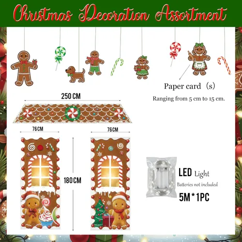 Vista 3 de Puerta de Pan de Jengibre de Navidad con Luces, Decoraciones de Cubierta de Cartón, Letrero de Pancarta de Porche de Dulces de Casa de Pan