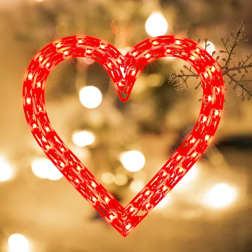 Vista 6 de Decoración de silueta de ventana de corazón rojo iluminado 50L para el día de San Valentín, corazón de luces de San Valentín Corazón rojo de 50 LED