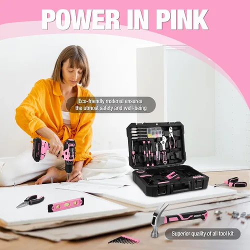 Vista 3 de WORKPRO Taladro Atornillador Inalámbrico Rosa de 20V y Juego de Herramientas para el Hogar, Kit de Herramientas Manuales de 141 Piezas