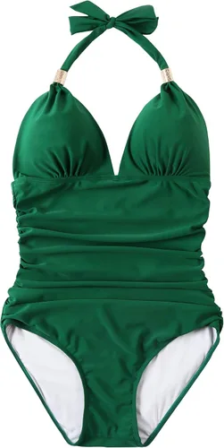 Vista 30 de RXRXCOCO - Traje de baño fruncido de una pieza, con cuello en V, para mujer, con control de abdomen y cuello halter