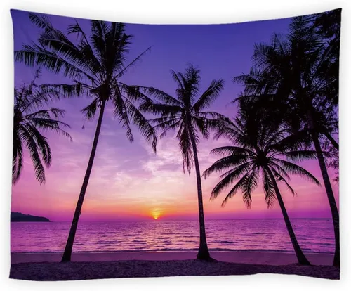 Vista 2 de YSATNSFT Tapiz con diseño de puesta de sol tropical, playa, palmera, cielo anochecer, Hawái, playa, naturaleza, paisaje marino, decoración