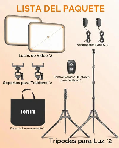Vista 5 de Torjim Kit de luz de video de 11 pulgadas para creadores, luces de estudio de alto brillo de 24 W con soporte de trípode, soporte para teléfono