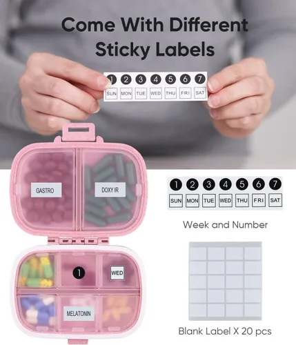 Vista 3 de Holii Organizador de pastillas de viaje con 8 compartimentos, farmacia de bolsillo para bolso, pastillero diario, organizador de medicamentos, Rosa