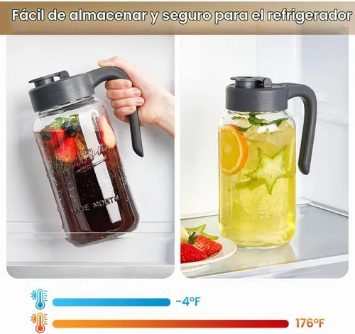 Vista 4 de Jarra Mason Jar de 64 onzas con tapa, boca ancha, jarra de agua de vidrio de 2 cuartos de galón con tapa, resistente, a prueba de fugas, té helado
