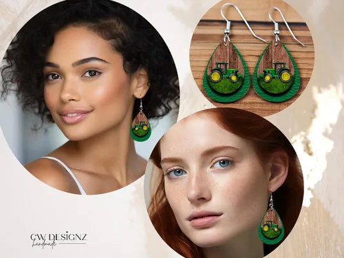 Vista 2 de Green Tractor Earrings, Gift for Farmer, Farm Earrings