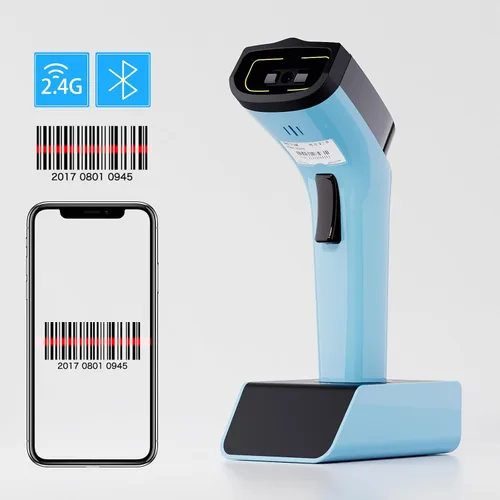 Vista 5 de NETUM Escáner de código de barras 1D, Bluetooth inalámbrico con cuna Azul