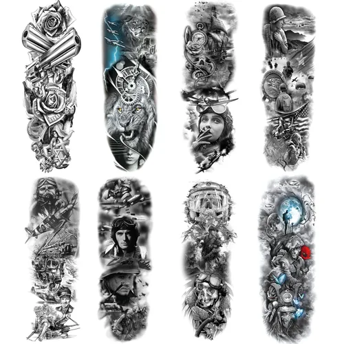 Vista 7 de Pegatinas de tatuaje de manga de león falso, brazo completo, tatuajes temporales para adultos, niños, mujeres, maquillaje, 8 hojas