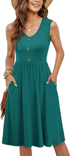 Vista 12 de MOLERANI - Vestidos de verano para mujer, sin mangas, casual, sueltos, acampanados, midi, con botones, con bolsillos Estampado Azul Marino Blanco