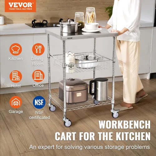 Vista 2 de VEVOR Carrito Utilitario de Cocina, 36.6"x20"x24" Carrito Rodante de Alambre de 3 Niveles, Carrito de Servicio de Acero con Capacidad de 470LBS