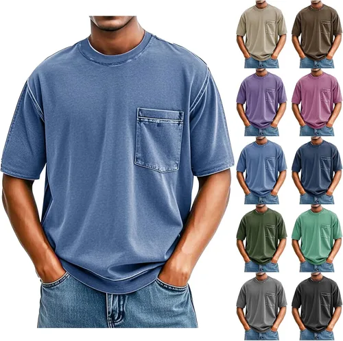 Vista 4 de Men's Summer Vintage Tops Casual Stylish Short Sleeve Crewneck T Shirts Lightweight Basic Tee Shirts with Pocket