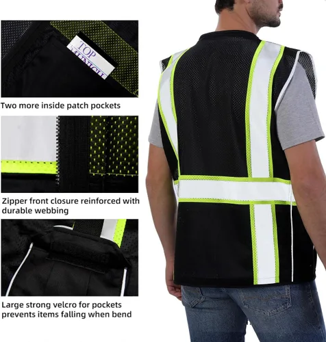 Vista 3 de Dib Safety Chaleco reflectante de malla negra, chaleco de alta visibilidad con bolsillos y cremallera, resistente, fabricado con cinta reflectante
