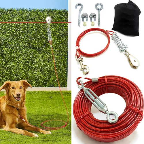 Vista 10 de Sistema de carretilla aérea resistente para perros pequeños a grandes, cable de funcionamiento de 100 pies/75 pies con cable de pasillo de 10 pies