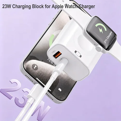 Vista 2 de Bloque de carga para Apple Watch, 23 W PD 3 en 1, bloque de carga USB C integrado, inalámbrico, magnético, cargador de pared, enchufe compatible