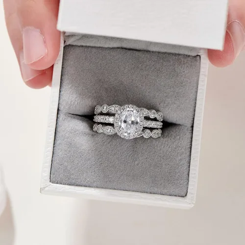 Vista 6 de Newshe Jewellery - Juego de anillo de compromiso, enchapados en plata 925, CZ blanco, tamaños 5-10