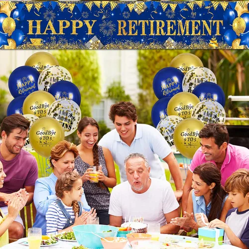 Vista 3 de Decoraciones de feliz jubilación: pancarta grande azul marino dorado con 18 globos para hombres y mujeres, fiestas, cabina de fotos, suministros