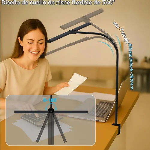 Vista 4 de Lámpara de escritorio LED para oficina en casa, luz de escritorio de arquitecto con abrazadera, 50 modelos de iluminación, control remoto y táctil
