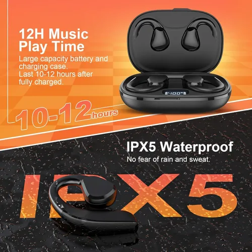 Vista 6 de TTQ Oreja abierta, auriculares inalámbricos Bluetooth 5.3, deportes con ganchos para las orejas y micrófono, tiempo de reproducción de 60 horas
