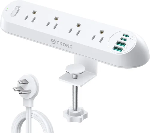 Vista 9 de TROND Regleta de alimentación con abrazadera de escritorio USB C PD 20 W, protector de sobretensiones con 4 salidas de CA, 4 puertos USB, cable