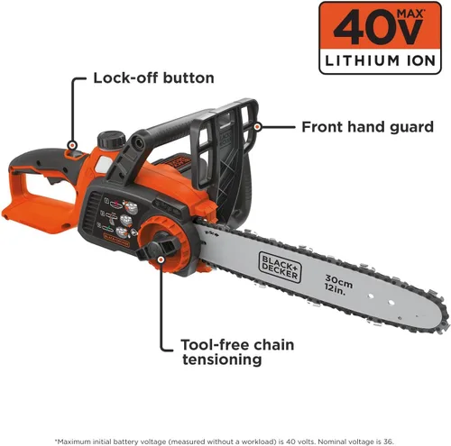 Vista 2 de Motosierra inalámbrica Black & Decker de 40 voltios, Incluye batería de 40V, Negro