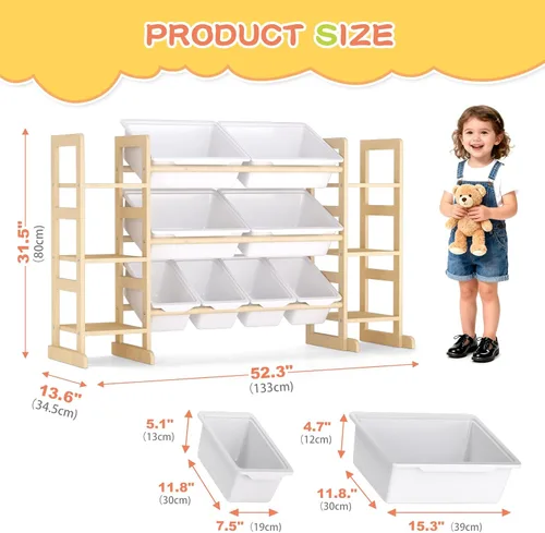 Vista 2 de Fuilee Organizador de almacenamiento de juguetes de madera para niños, organizador de juguetes de varios niveles con contenedores y estantes
