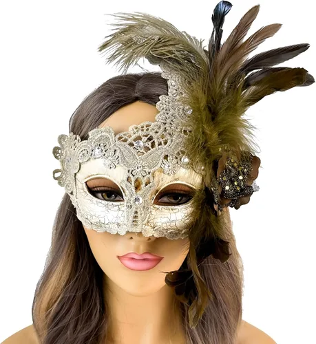Vista 18 de Máscara de plumas burlesque, máscara de encaje de Mardi Gras para mujer, disfraz de plumas de pavo real, máscara de brocado veneciano