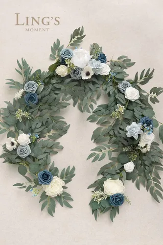 Vista 8 de Ling's moment Dusty Blue Artificial Flower Garland Wedding Arch 6 FT Azul polvoriento y azul marino