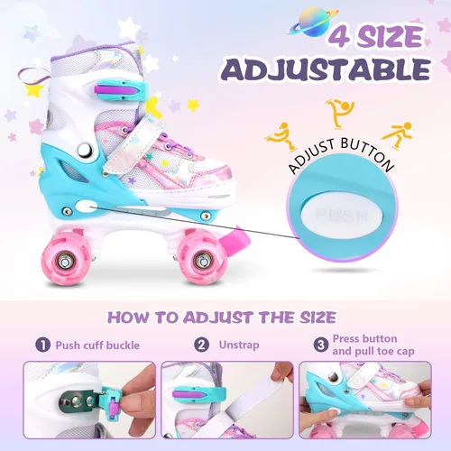 Vista 2 de Patines de ruedas para niñas y niños, 4 tamaños ajustables con ruedas iluminadas