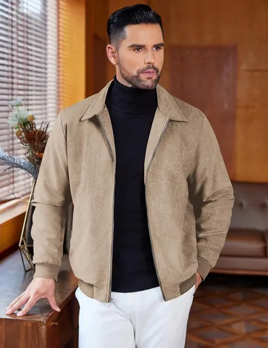 Vista 6 de COOFANDY Chaqueta bomber casual de ante para hombre, ligera, con cremallera completa, chaqueta de piel sintética vintage