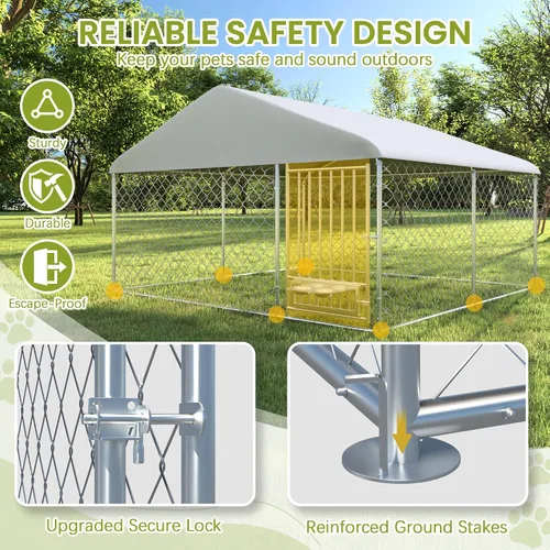 Vista 3 de 10FT x 10FT Outdoor Dog Kennel with Roof, Outside Dog Run Fence with Rotated Dog Bowls, Large Dog House Pen Enclosure with Secure Lock&Textilene Door
