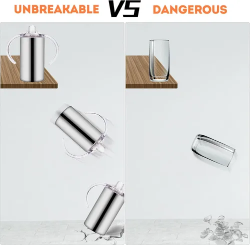Vista 6 de Vasos para sorber de acero inoxidable de 12 onzas para niños pequeños con asas, a prueba de derrames, doble pared aislada al vacío, vasos de paja