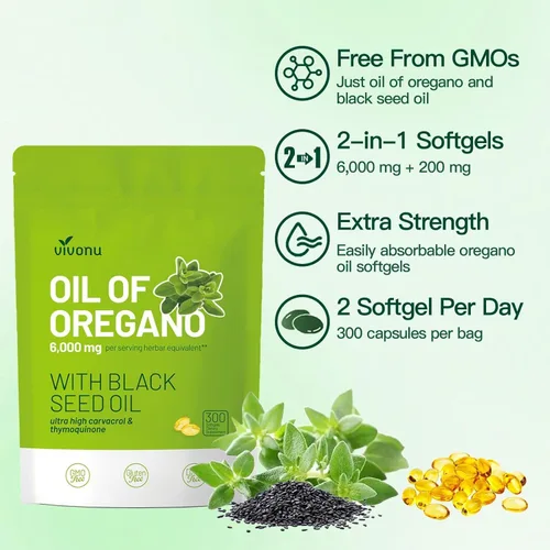 Vista 2 de VivoNu Aceite de orégano con aceite de semilla negra, aceite equilibrado de cápsulas de orégano, cápsulas blandas de aceite de orégano orgánico, sin