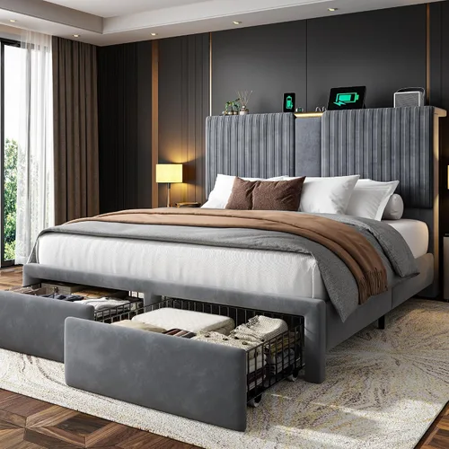Vista 10 de Homkdom Base de cama Queen con cabecera de almacenamiento de terciopelo de Beige