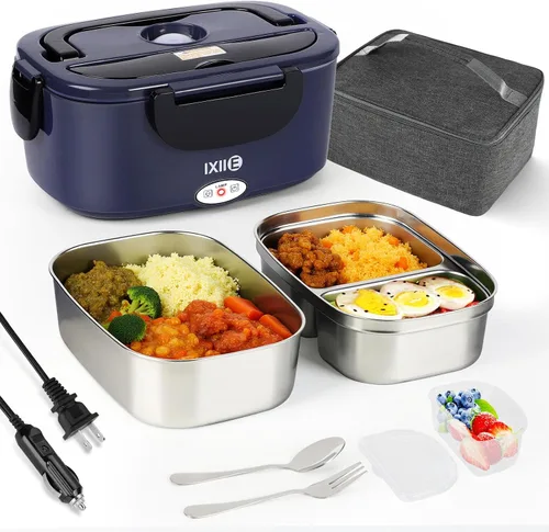 Vista 11 de IXIIE Lonchera eléctrica de 80W, calentador de alimentos para el trabajo, 12V/24V/110V, lonchera portátil para adultos con 2 envases de acero