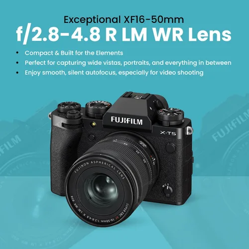 Vista 3 de Fujifilm Cámara sin espejo X-T5 + lente XF16-1.969 in f/2.8-4.8, 128GB SanDisk Ultra, bolsa para cámara, juego de filtros de 3 piezas, lector