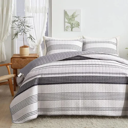 Vista 9 de Flysheep Juego de edredón bohemio gris oscuro tamaño individual para niños, 2 piezas de edredón reversible a rayas blancas sobre negro, colcha