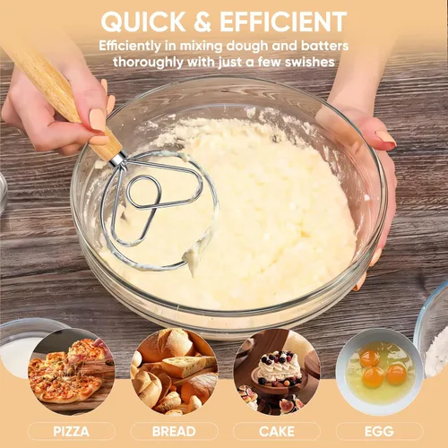 Vista 4 de Maxjoy - Batidor de masa danesa de acero inoxidable con mango de madera, gancho holandés para masa de pan de masa madre, herramienta de mezcla